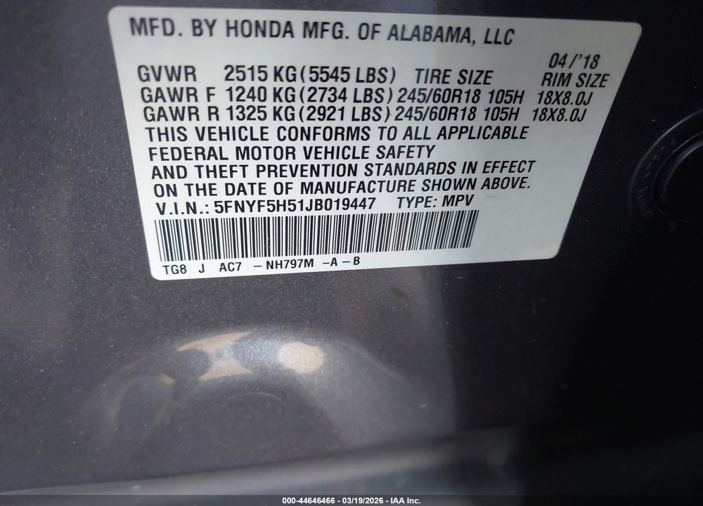 2018 HONDA PILOT EX-L VIN: 5FNYF5H51JB019447