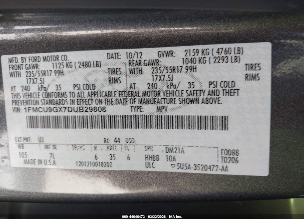 2013 FORD ESCAPE SE VIN: 1FMCU9GX7DUB29808
