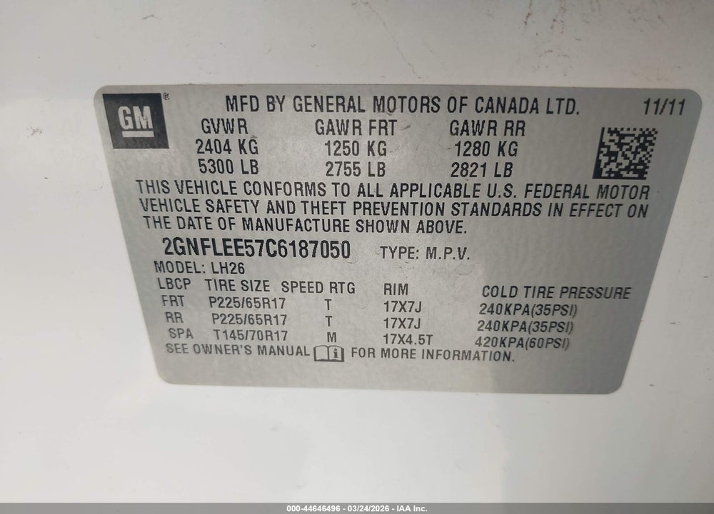 2012 CHEVROLET EQUINOX 1LT VIN: 2GNFLEE57C6187050