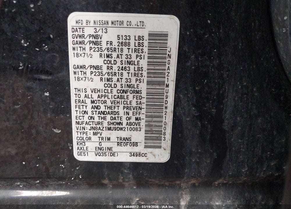 2013 NISSAN MURANO S VIN: JN8AZ1MU9DW210083