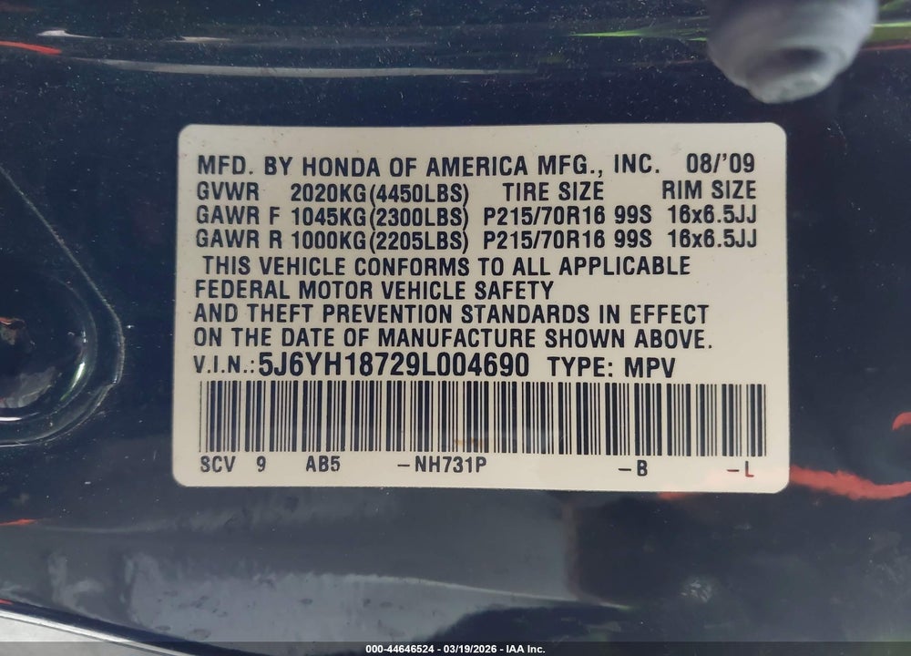 2009 HONDA ELEMENT EX VIN: 5J6YH18729L004690