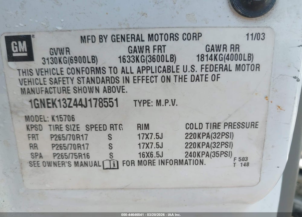 2004 CHEVROLET TAHOE LS VIN: 1GNEK13Z44J178551