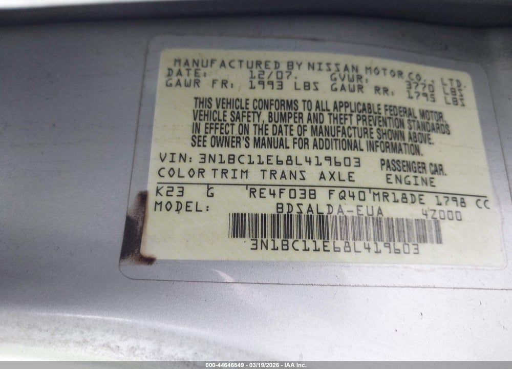 2008 NISSAN VERSA 1.8S VIN: 3N1BC11E68L419603