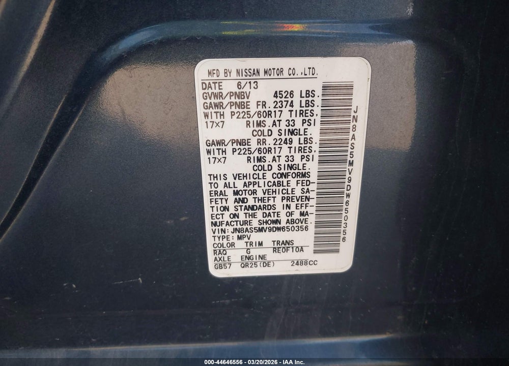 2013 NISSAN ROGUE SV VIN: JN8AS5MV9DW650356