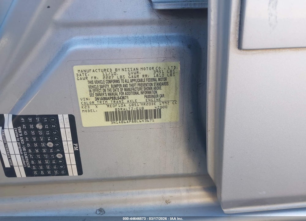 2011 NISSAN SENTRA 2.0S VIN: 3N1AB6AP8BL643671