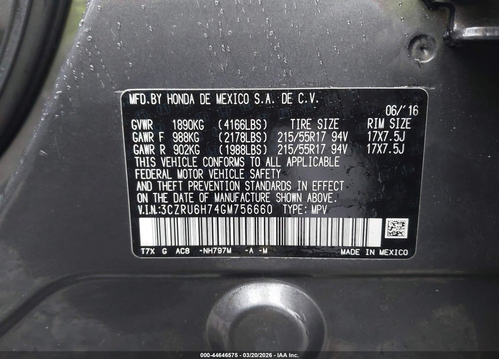 2016 HONDA HR-V EX-L VIN: 3CZRU6H74GM756660
