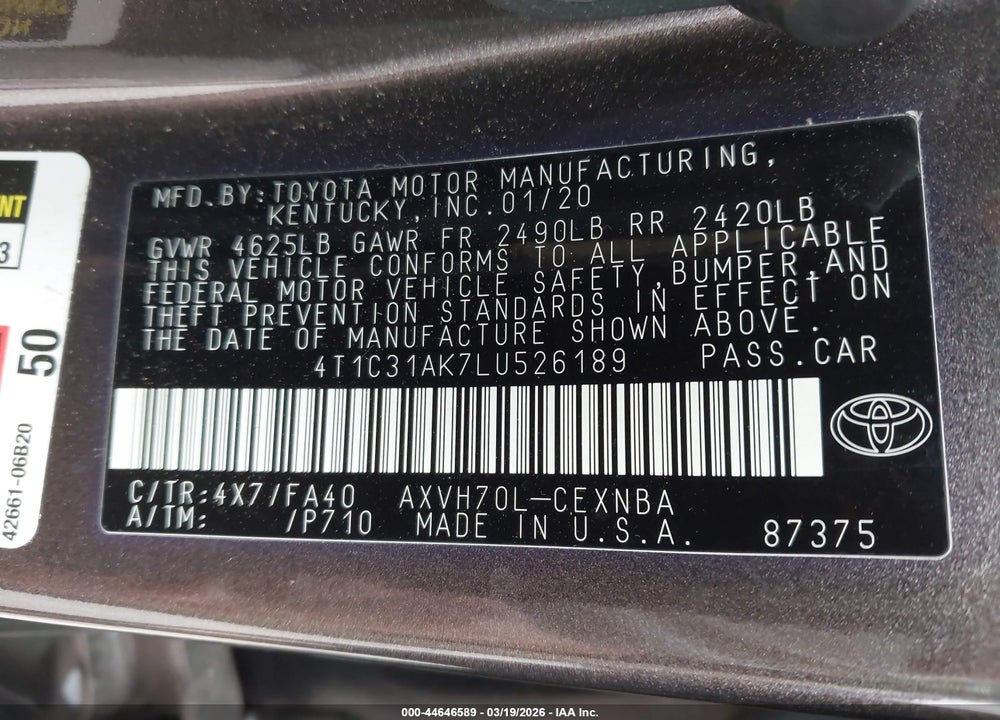 2020 TOYOTA CAMRY LE HYBRID VIN: 4T1C31AK7LU526189