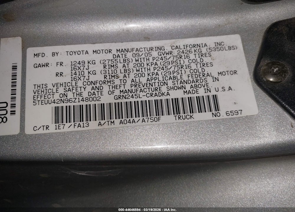 2006 TOYOTA TACOMA BASE V6 VIN: 5TEUU42N96Z148002