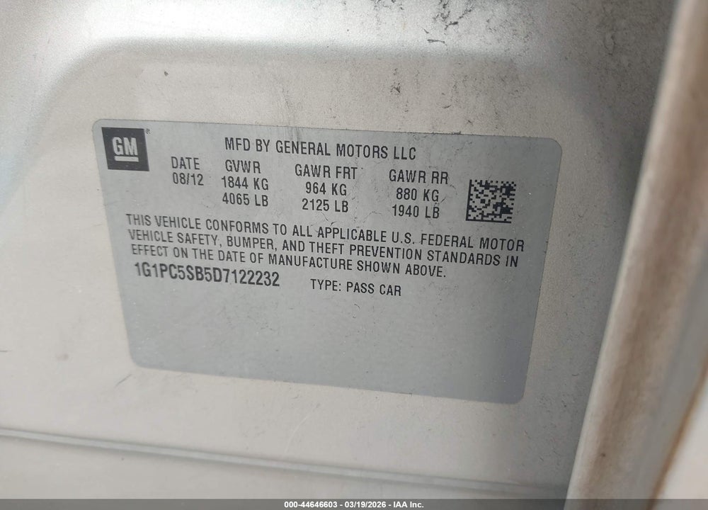 2013 CHEVROLET CRUZE 1LT AUTO VIN: 1G1PC5SB5D7122232