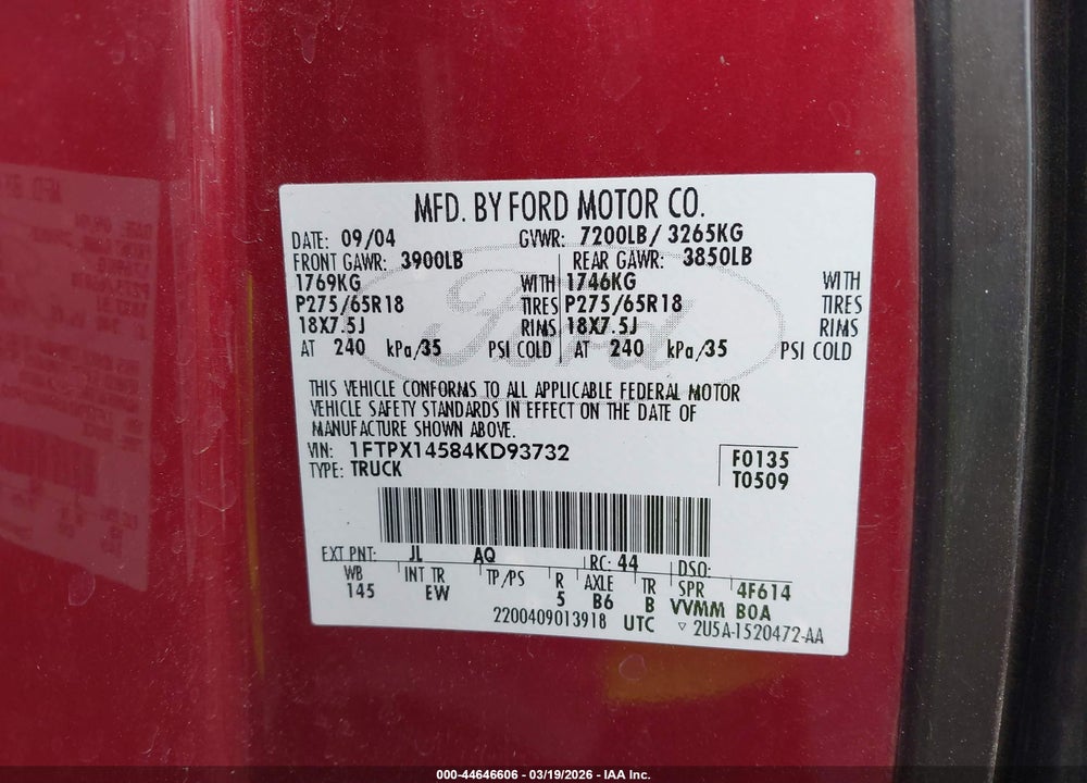 2004 FORD F-150 FX4/LARIAT/XL/XLT VIN: 1FTPX14584KD93732