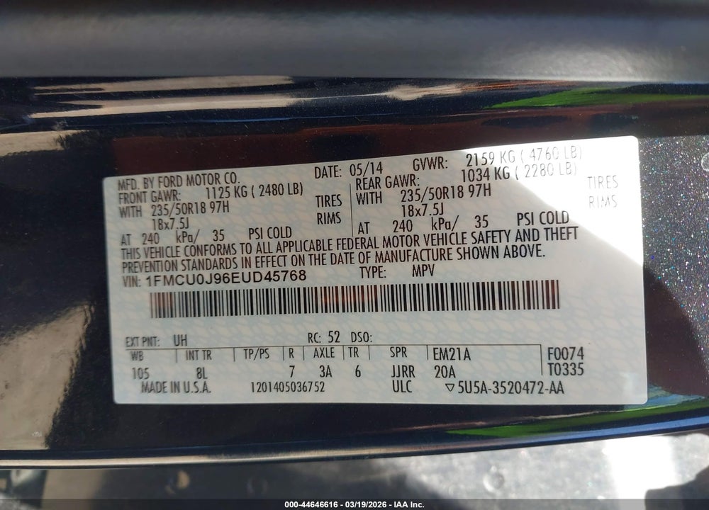 2014 FORD ESCAPE TITANIUM VIN: 1FMCU0J96EUD45768