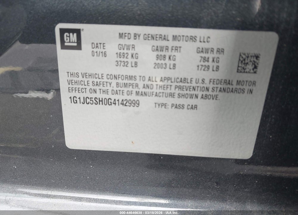 2016 CHEVROLET SONIC LT AUTO VIN: 1G1JC5SH0G4142999