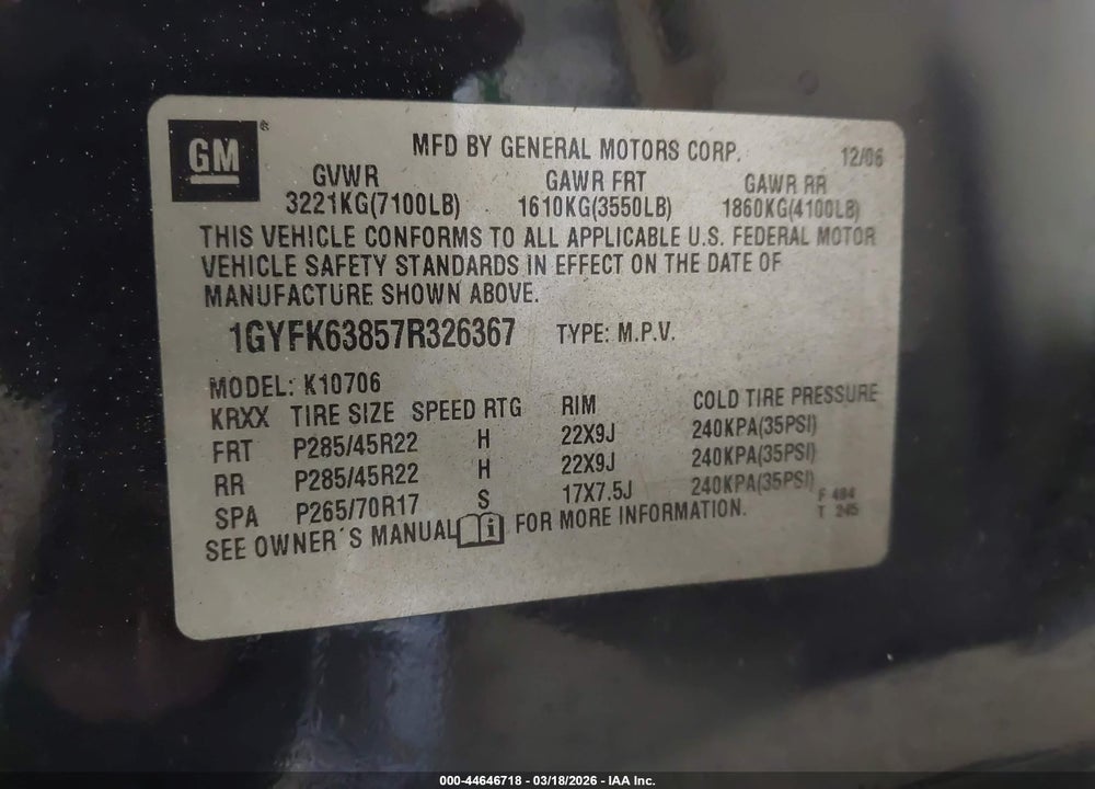 2007 CADILLAC ESCALADE STANDARD VIN: 1GYFK63857R326367