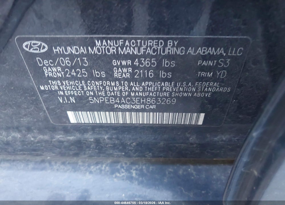 2014 HYUNDAI SONATA GLS VIN: 5NPEB4AC3EH863269