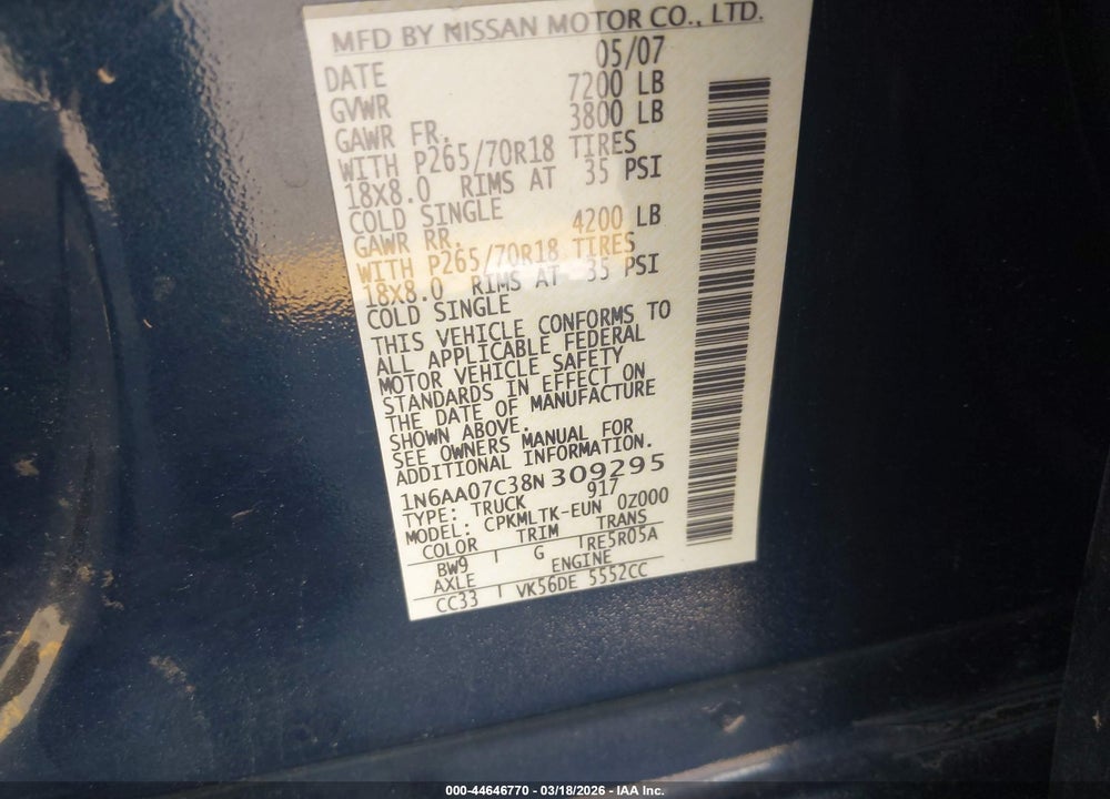 2008 NISSAN TITAN SE VIN: 1N6AA07C38N309295