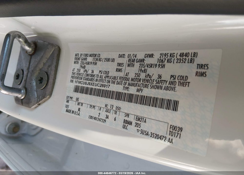 2014 FORD ESCAPE TITANIUM VIN: 1FMCU9J9XEUC26917