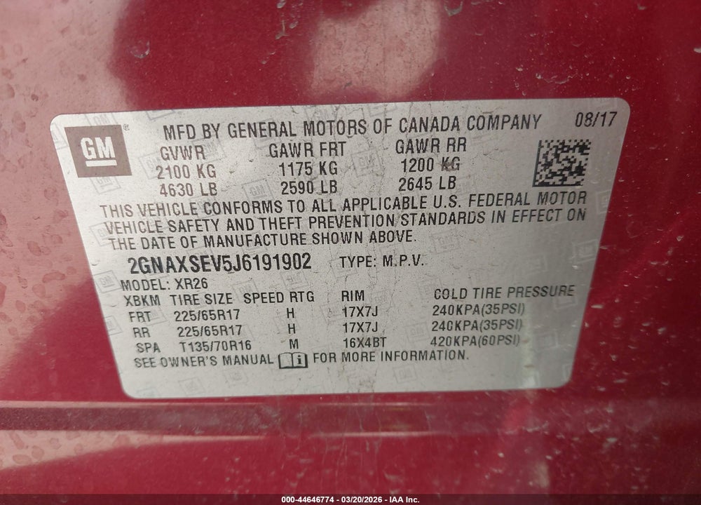 2018 CHEVROLET EQUINOX LT VIN: 2GNAXSEV5J6191902