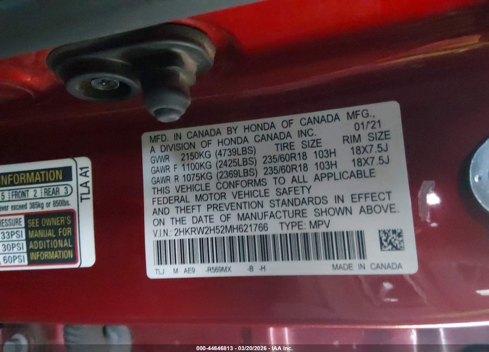 2021 HONDA CR-V AWD EX VIN: 2HKRW2H52MH621766