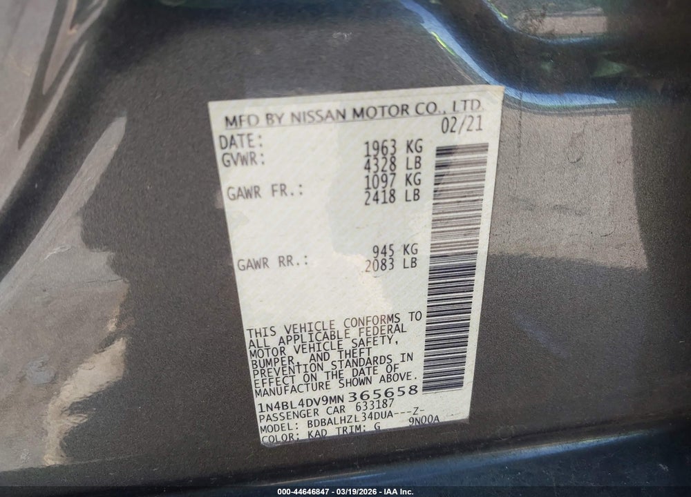 2021 NISSAN ALTIMA SV FWD VIN: 1N4BL4DV9MN365658
