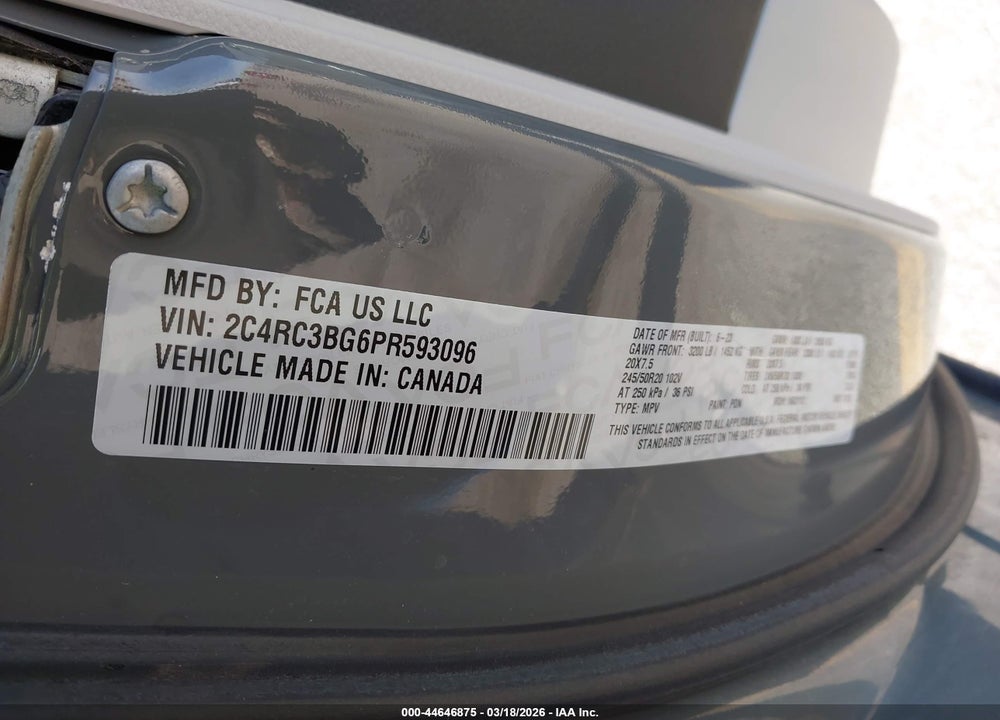 2023 CHRYSLER PACIFICA TOURING L VIN: 2C4RC3BG6PR593096