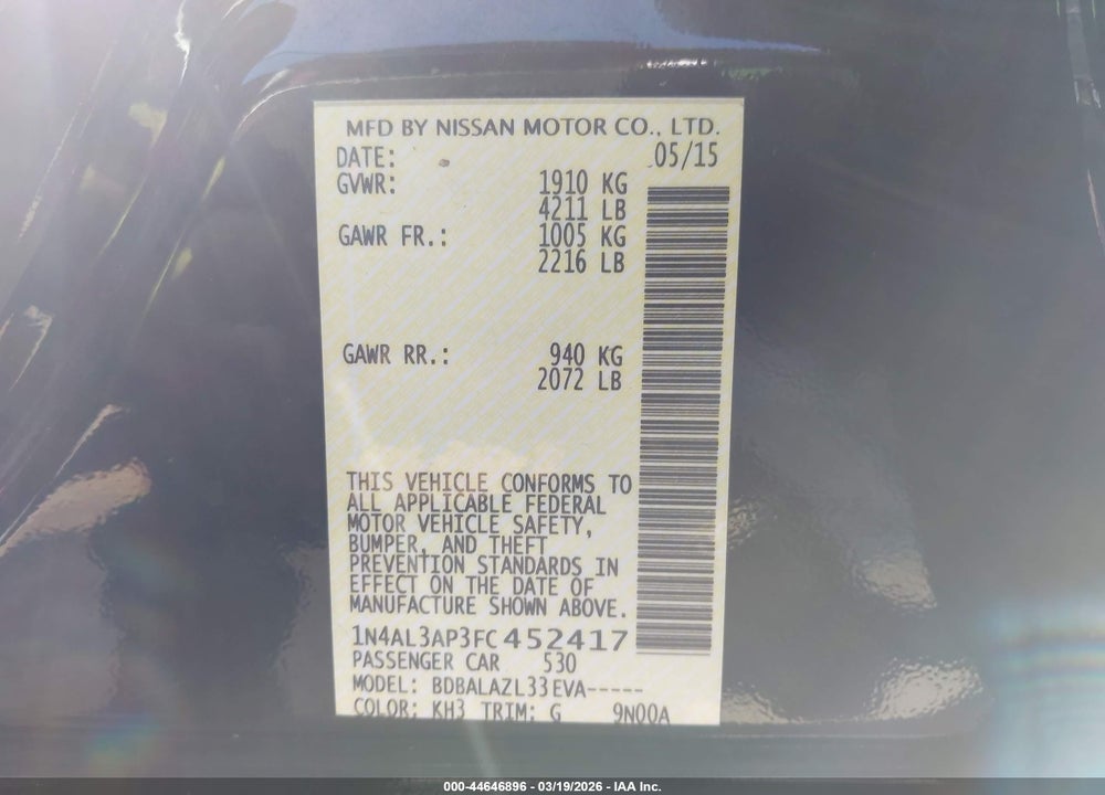 2015 NISSAN ALTIMA 2.5 VIN: 1N4AL3AP3FC452417
