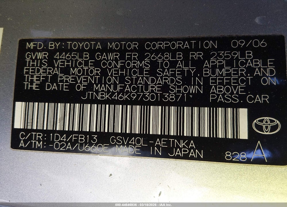 2007 TOYOTA CAMRY LE V6 VIN: JTNBK46K973013871