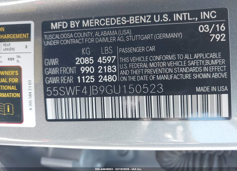 2016 MERCEDES-BENZ C 300 SPORT VIN: 55SWF4JB9GU150523