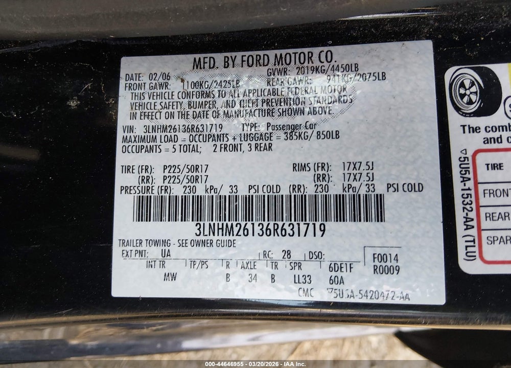 2006 LINCOLN ZEPHYR VIN: 3LNHM26136R631719