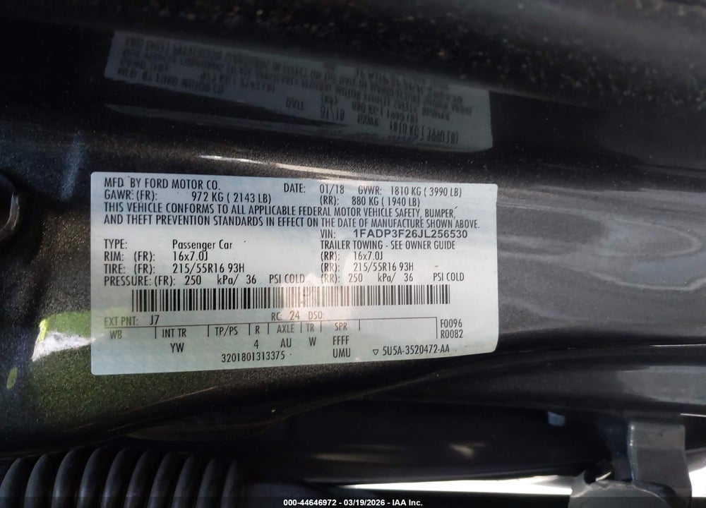 2018 FORD FOCUS SE VIN: 1FADP3F26JL256530