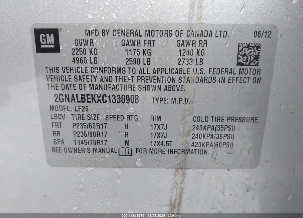 2012 CHEVROLET EQUINOX LS VIN: 2GNALBEKXC1330908