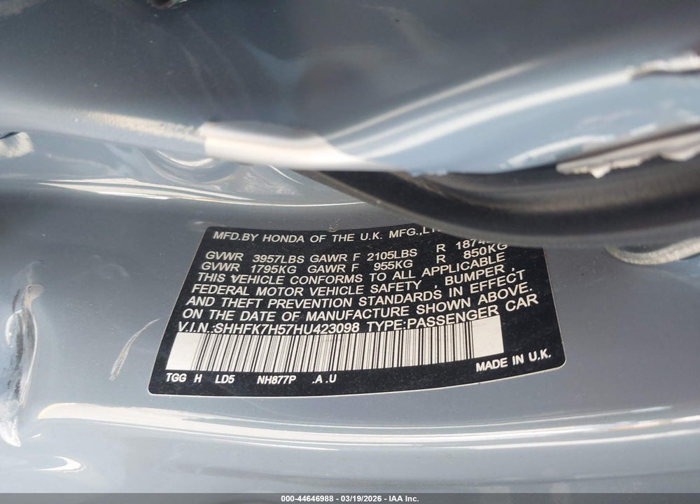 2017 HONDA CIVIC EX VIN: SHHFK7H57HU423098
