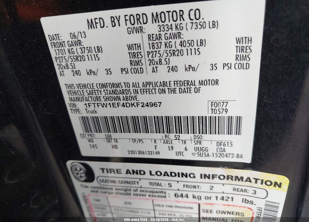 2013 FORD F-150 LARIAT VIN: 1FTFW1EF4DKF24967