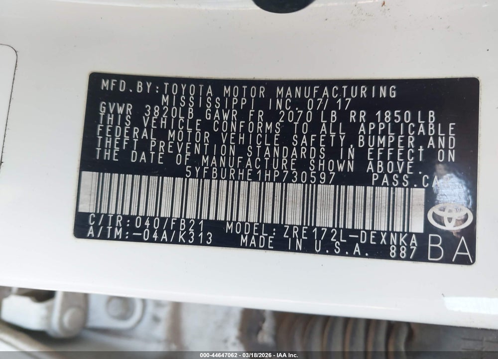 2017 TOYOTA COROLLA LE VIN: 5YFBURHE1HP730597