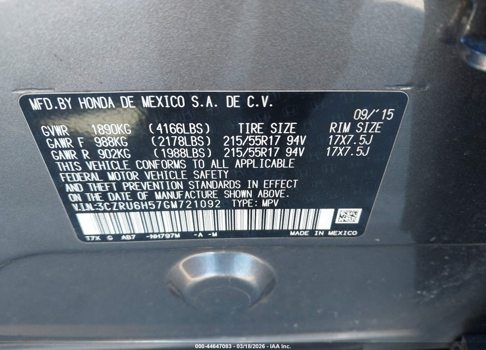 2016 HONDA HR-V EX VIN: 3CZRU6H57GM721092
