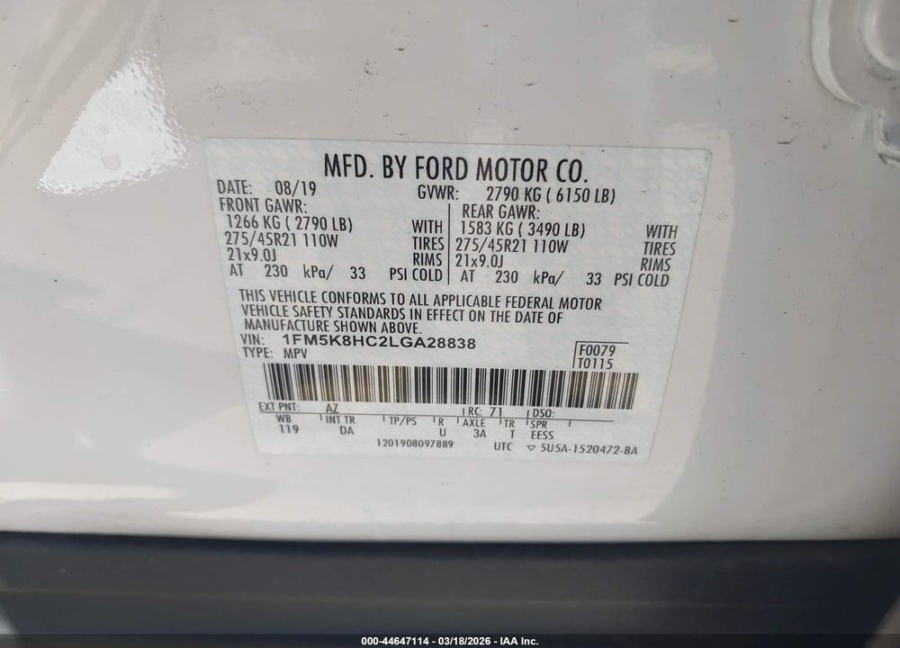 2020 FORD EXPLORER PLATINUM VIN: 1FM5K8HC2LGA28838