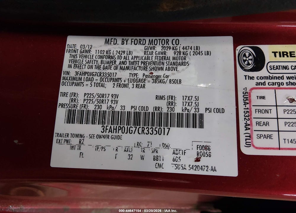 2012 FORD FUSION SEL VIN: 3FAHP0JG7CR335017