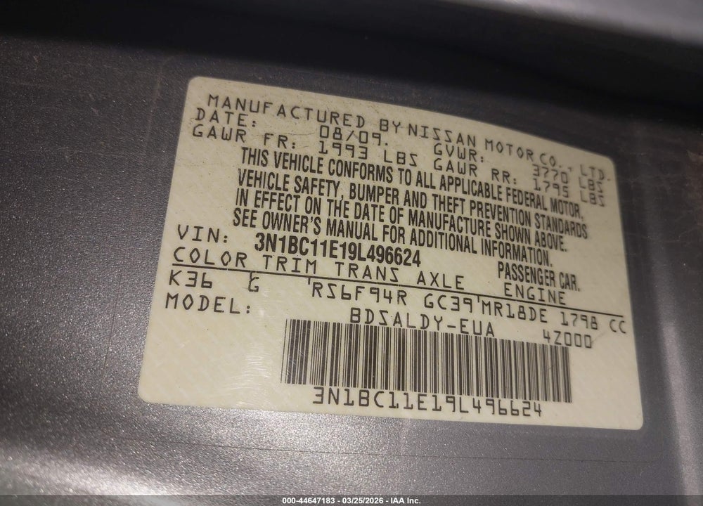 2009 NISSAN VERSA S/SL VIN: 3N1BC11E19L496624