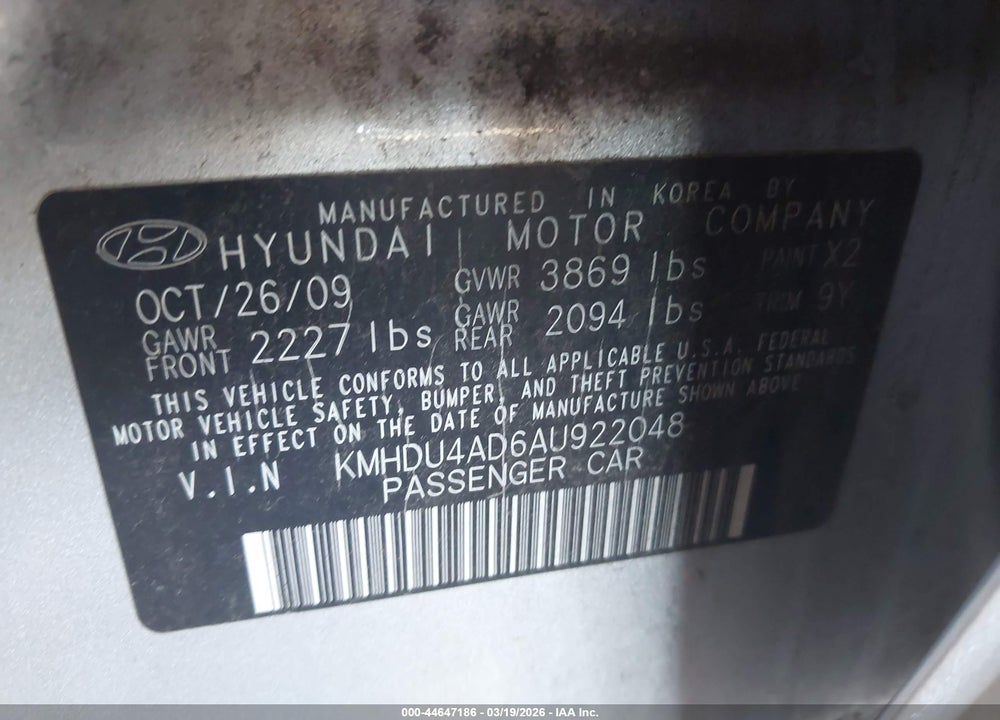 2010 HYUNDAI ELANTRA GLS VIN: KMHDU4AD6AU922048