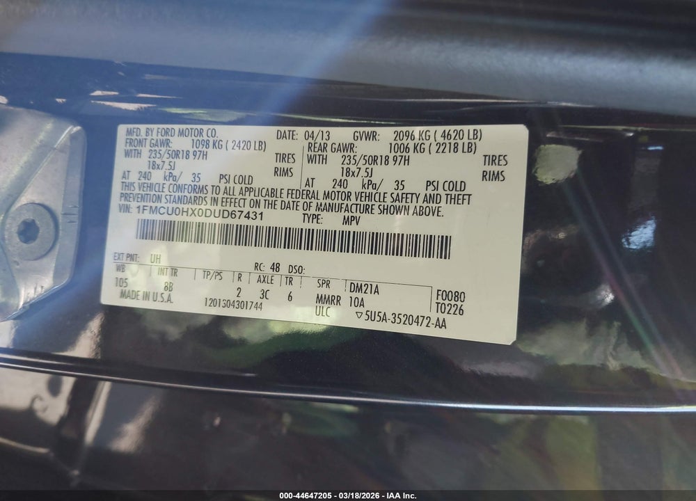 2013 FORD ESCAPE SEL VIN: 1FMCU0HX0DUD67431