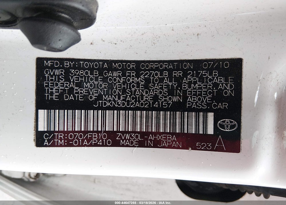 2010 TOYOTA PRIUS III VIN: JTDKN3DU2A0214157