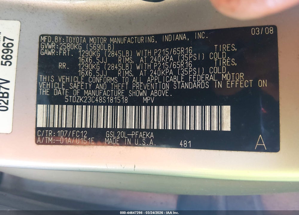 2008 TOYOTA SIENNA LE VIN: 5TDZK23C48S181518