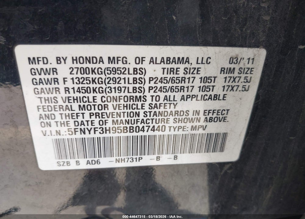 2011 HONDA PILOT TOURING VIN: 5FNYF3H95BB047440