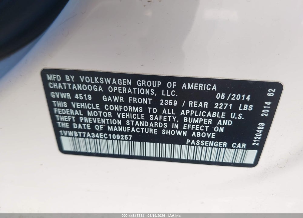 2014 VOLKSWAGEN PASSAT 1.8T SE VIN: 1VWBT7A34EC109257