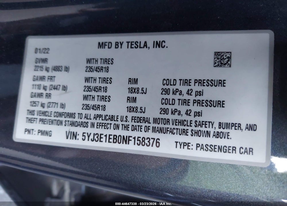 2022 TESLA MODEL 3 LONG RANGE DUAL MOTOR ALL-WHEEL DRIVE VIN: 5YJ3E1EB0NF158376