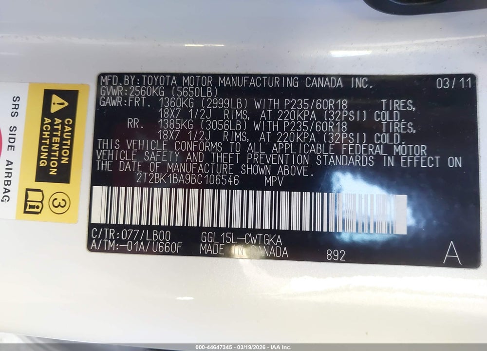 2011 LEXUS RX 350 VIN: 2T2BK1BA9BC106546