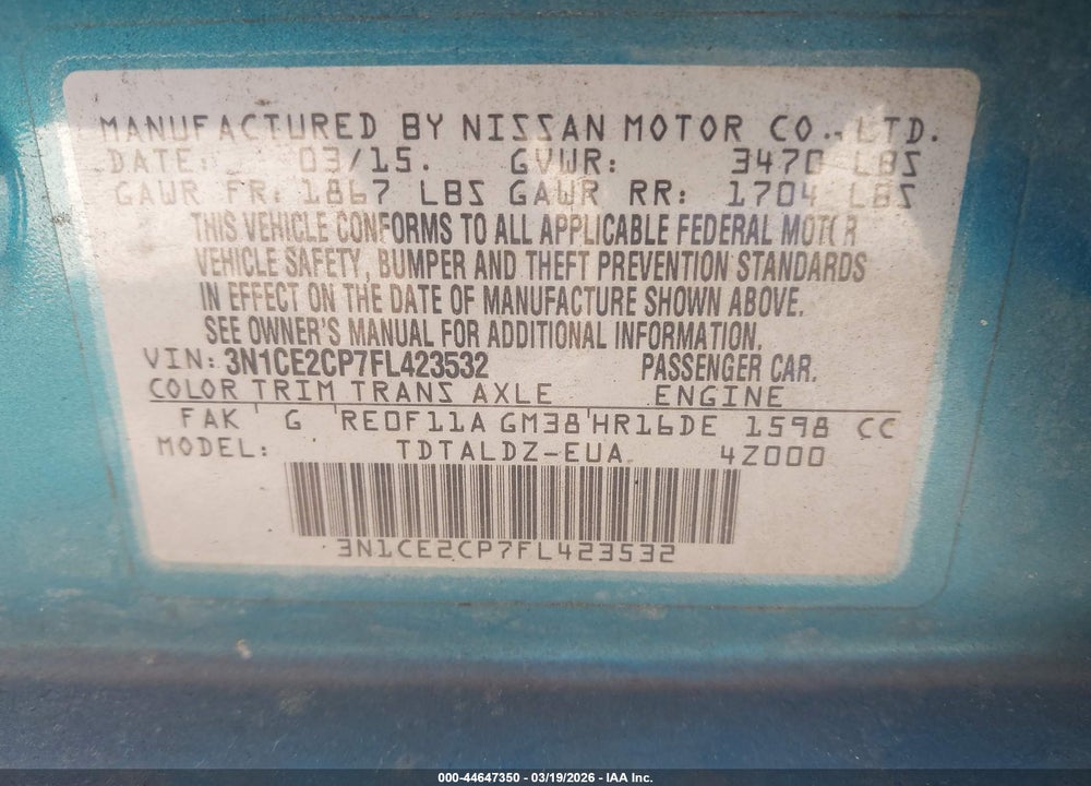 2015 NISSAN VERSA NOTE S (SR)/S PLUS/SL/SR/SV VIN: 3N1CE2CP7FL423532