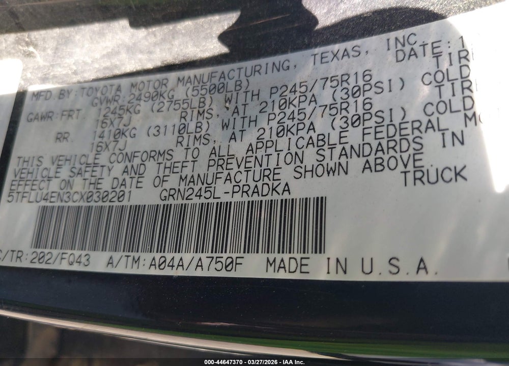 2012 TOYOTA TACOMA BASE V6 VIN: 5TFLU4EN3CX030201