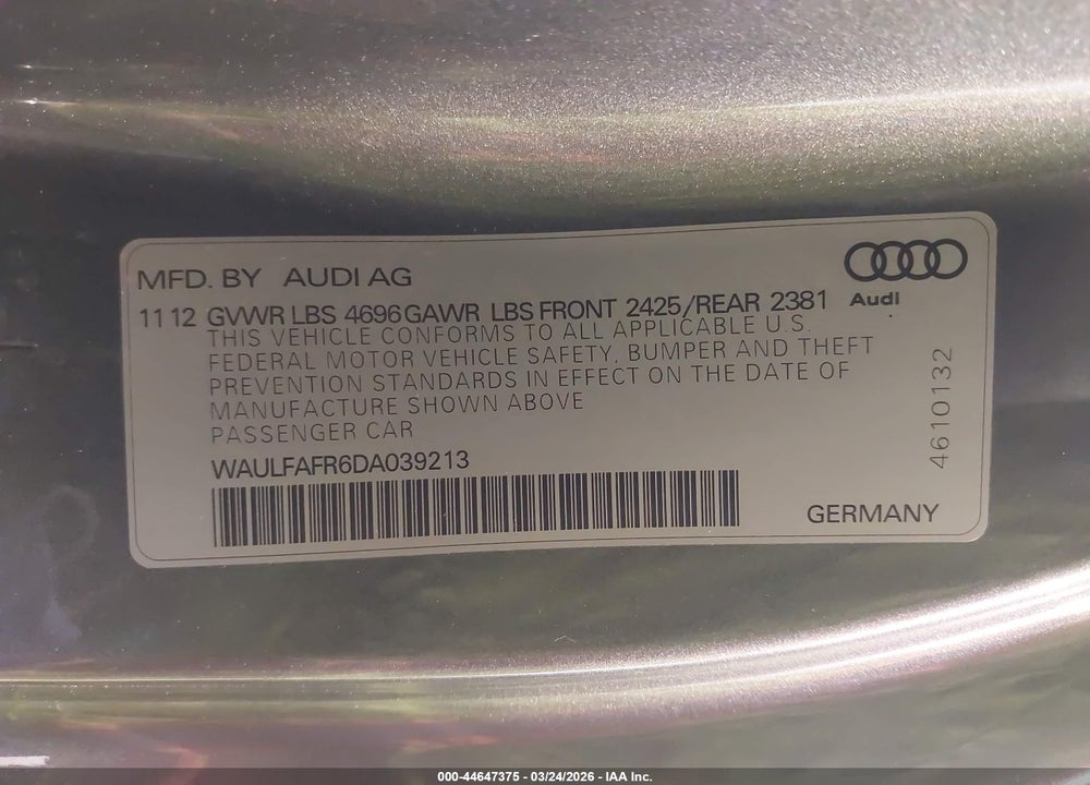 2013 AUDI A5 2.0T PREMIUM VIN: WAULFAFR6DA039213