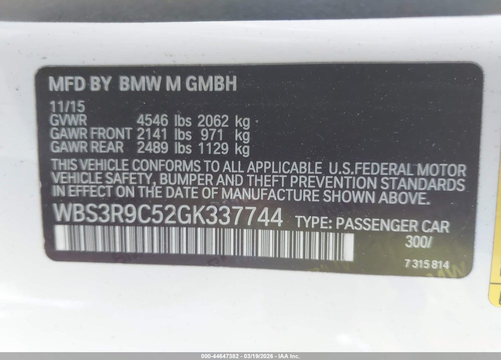 2016 BMW M4 VIN: WBS3R9C52GK337744