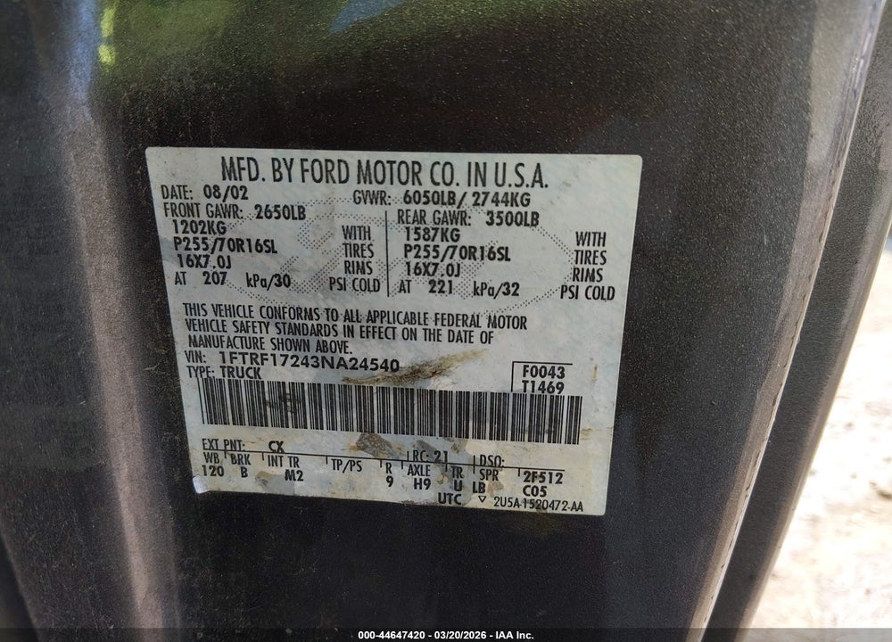 2003 FORD F-150 XL/XLT VIN: 1FTRF17243NA24540